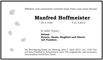 Traueranzeige von Manfred Hoffmeister von Pegnitz-Zeitung